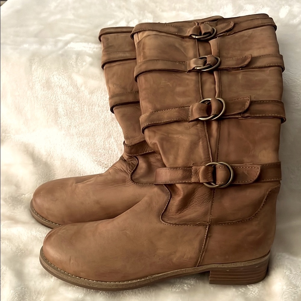 👢 SOFT TAN LEATHER FULL ZIP KNEE-HIGH 
 NON-SLIP BUCKLED RIDING BOOT Women’s 10 - Picture 3 of 13